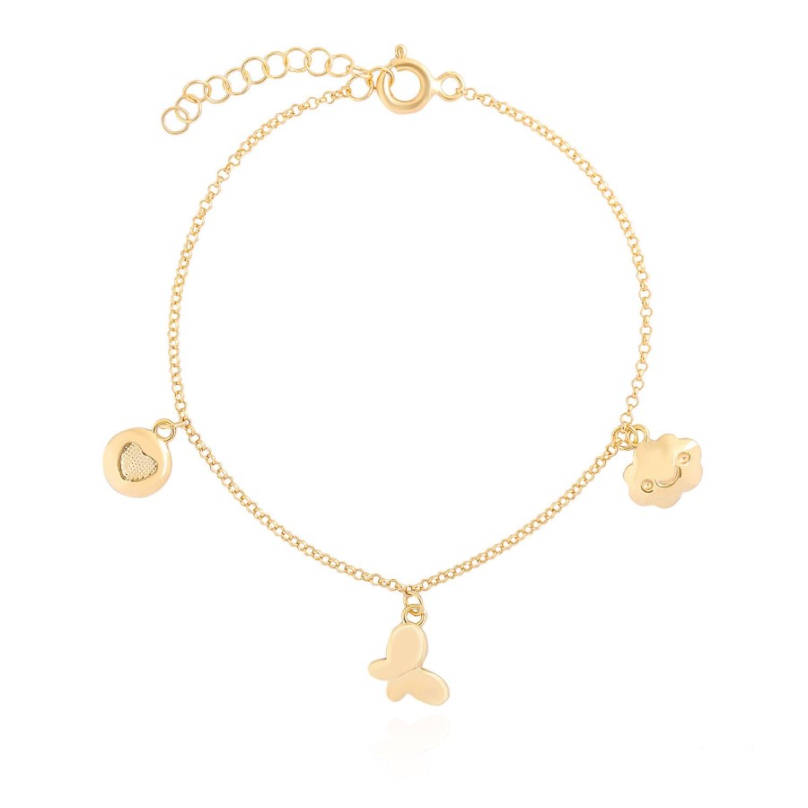 14 Ayar Sarı Altın Kalp Kelebek Bulut Figürlü Sallantılı Bileklik