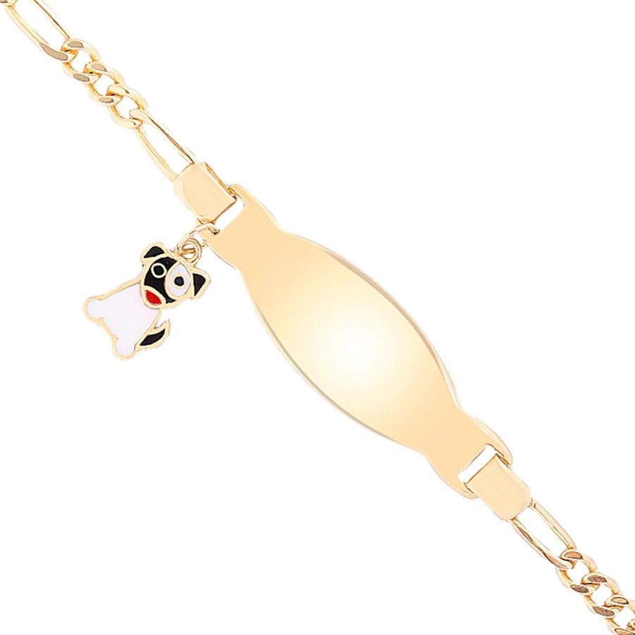14 Ayar Sarı Altın Siyah Beyaz Mineli Köpek Figürlü Çocuk Künye Sallantılı Bileklik