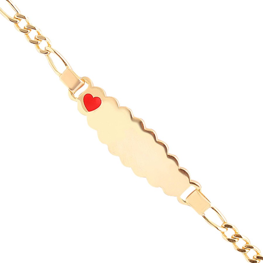 14 Ayar Sarı Altın Kırmızı Mineli Kırmızı Kalp Desenli Çocuk Künye Bileklik