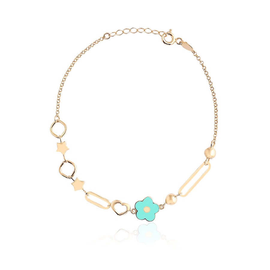 14 Ayar Sarı Altın Turkuaz Mineli Çiçek Figürlü Bileklik