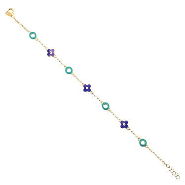 14 Ayar Sarı Altın Lacivert Ve Turkuaz Mineli Çiçek Figürlü Bileklik