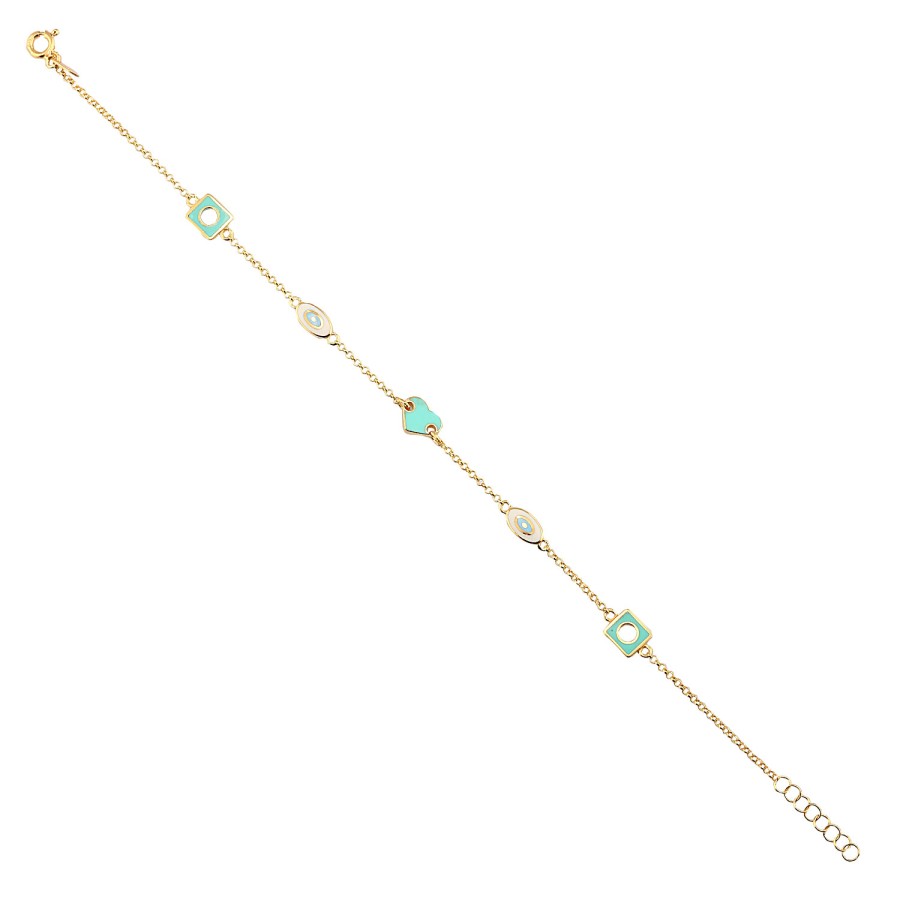14 Ayar Sarı Altın Turkuaz Mineli Kalp Figürlü Bileklik