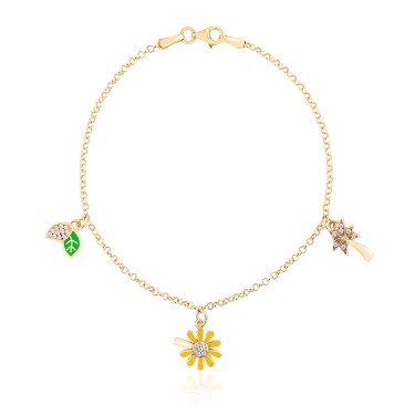 14 Ayar Sarı Altın Ağaç Yaprak  Figürlü Mineli Sallantılı Bileklik