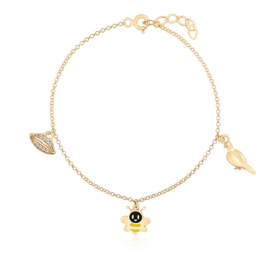 14 Ayar Sarı Altın Kuş Arı Figürlü Mineli Sallantılı Çocuk Bileklik