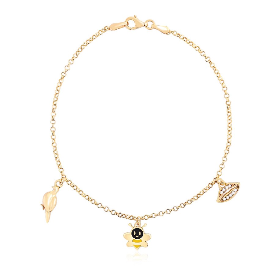 14 Ayar Sarı Altın Kuş Arı Figürlü Mineli Sallantılı Bileklik