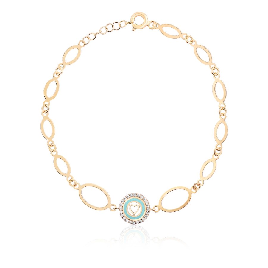 14 Ayar Sarı Altın Oval Zincirli Kalp Figürlü Turkuaz Mineli Taşlı Bileklik