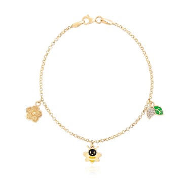 14 Ayar Sarı Altın Sallantılı Arı Ve Yaprak Taşlı Bileklik