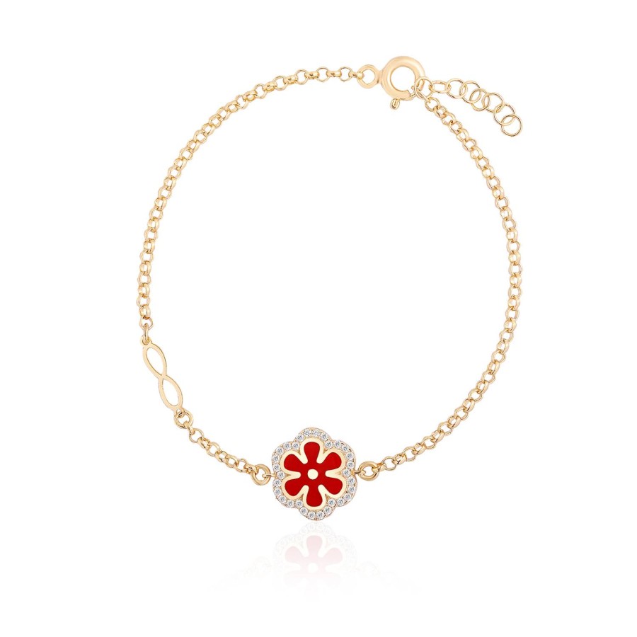 14 Ayar Sarı Altın Çiçek Motifli Kırmızı Mineli Taşlı Bileklik