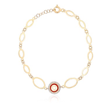 14 Ayar Sarı Altın Halka Zincir Kırmızı Mineli Taşlı Bileklik