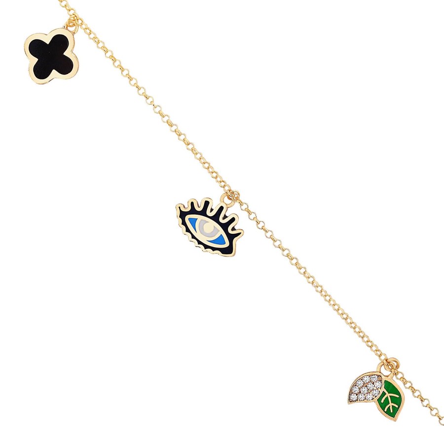 14 Ayar Sarı Altın Göz Yaprak Figürlü Sallantılı Mineli Bileklik