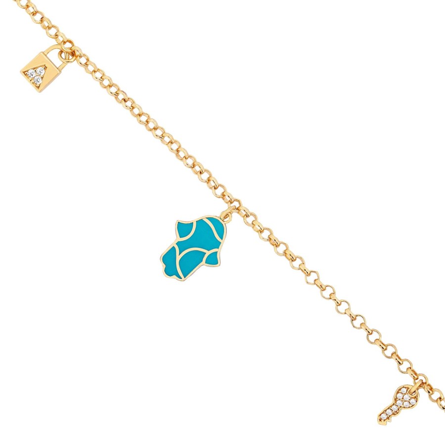 14 Ayar Sarı Altın Kilit Anahtar Figürlü Mineli Taşlı Bileklik