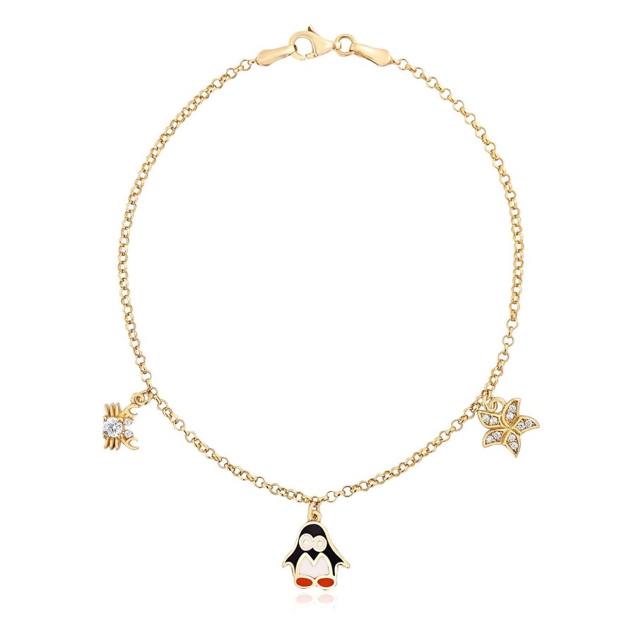 14 Ayar Sarı Altın Penguen Yengeç Figürlü Siyah Mineli Bileklik