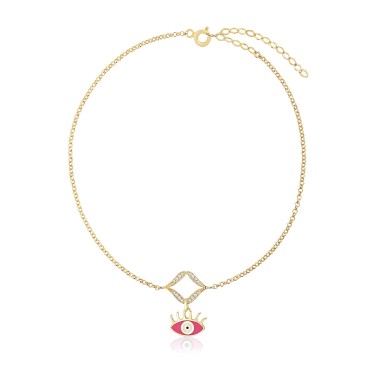 14 Ayar Sarı Altın Göz Figürlü Pembe Mineli Taşlı Bileklik