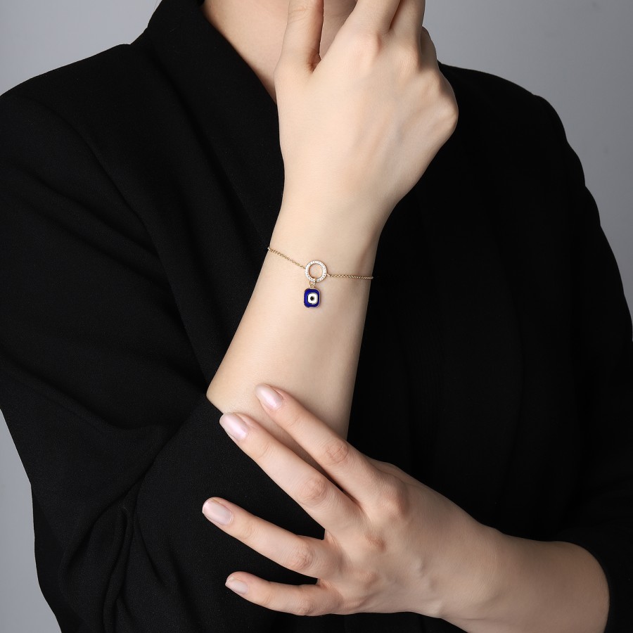 925 Ayar Gümüş Kararmaz Sarı Altın Kaplama Nazar Boncuklu Mavi Mineli Taşlı Bileklik