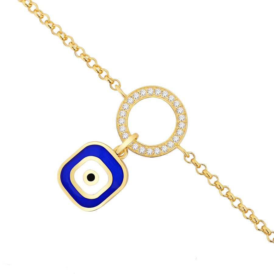 925 Ayar Gümüş Kararmaz Sarı Altın Kaplama Nazar Boncuklu Mavi Mineli Taşlı Bileklik