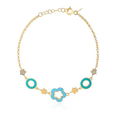 14 Ayar Sarı Altın Turkuaz Mineli Çiçek Figürlü Bileklik