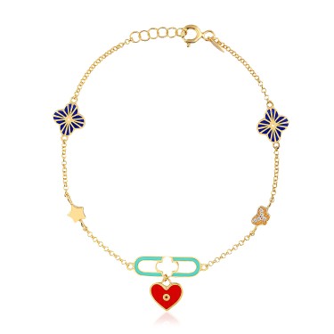 14 Ayar Sarı Altın Kırmızı Mineli Kalp Figürlü Bileklik