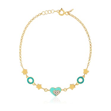 14 Ayar Sarı Altın Turkuaz Mineli Kalp Figürlü Bileklik