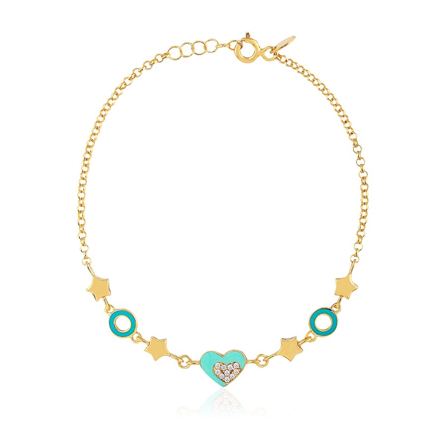 14 Ayar Sarı Altın Turkuaz Mineli Kalp Figürlü Bileklik