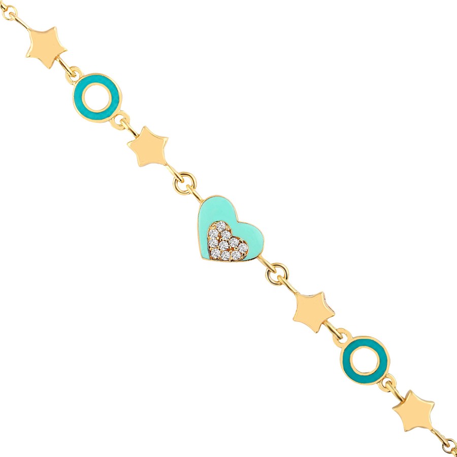 14 Ayar Sarı Altın Turkuaz Mineli Kalp Figürlü Bileklik