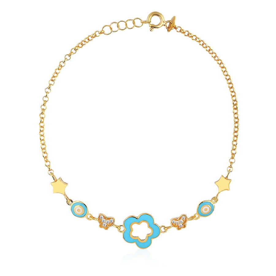 14 Ayar Sarı Altın Çiçek Figürlü Turkuaz Mineli Bileklik