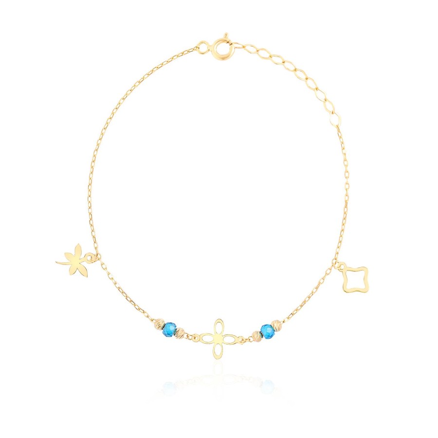 14 Ayar Sarı Altın Sallantılı Turkuaz Taşlı Çicek Figürlü Bileklik