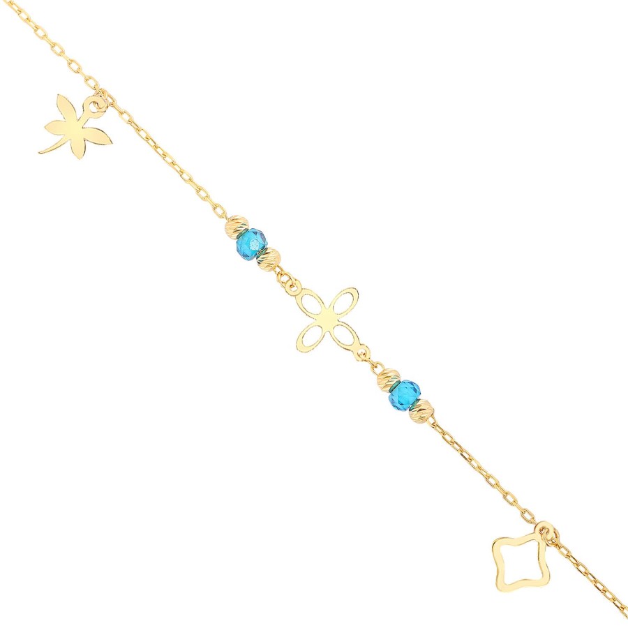 14 Ayar Sarı Altın Sallantılı Turkuaz Taşlı Çicek Figürlü Bileklik