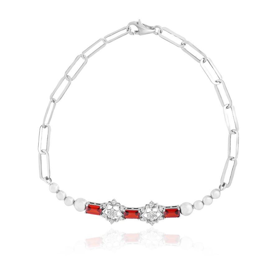 14 Ayar Beyaz Altın Kırmızı Taşlı Bileklik