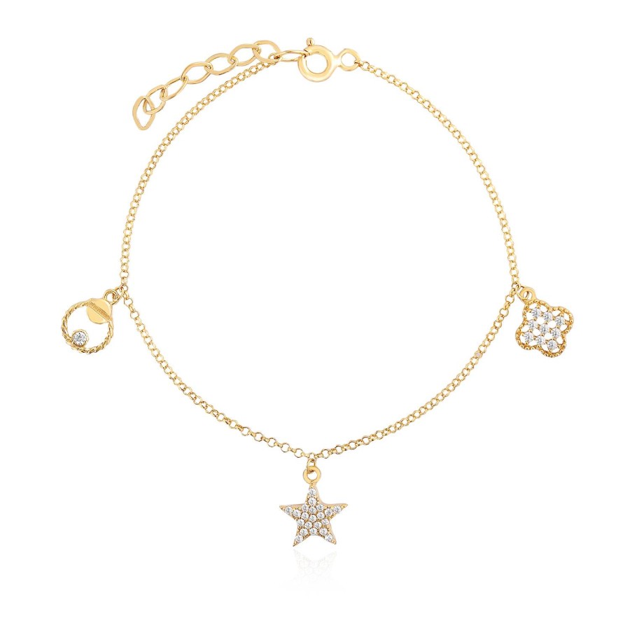 14 Ayar Sarı Altın Yıldız ve Şans Temalı Taşlı Chram Bileklik