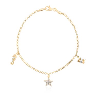 14 Ayar Sarı Altın Deniz Hayvanları Figürlü Taşlı Bileklik