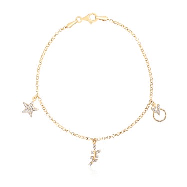 925 Ayar Gümüş Kararmaz Sarı Altın Kaplama Yıldız ve Yaprak Figürlü Sallantılı Taşlı Bileklik