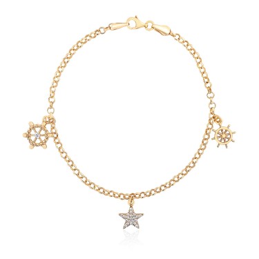 14 Ayar Sarı Altın Sallantılı Taşlı Yıldız Motifli Bileklik