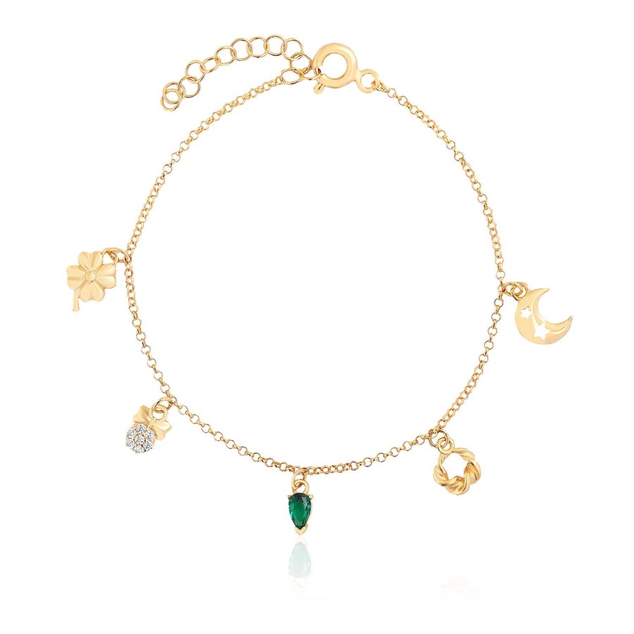 14 Ayar Sarı Altın Sallantılı Karma Figürlü Bileklik