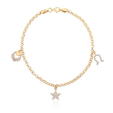 14 Ayar Sarı Altın Sallantılı Taşlı Yıldız Kalp Figürlü Bileklik