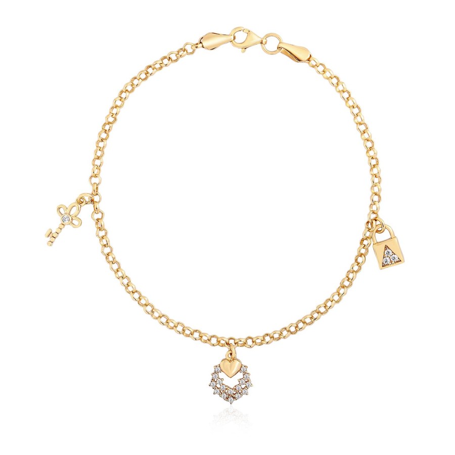 14 Ayar Sarı Altın Sallantılı Anahtar Kilit Figürlü Bileklik