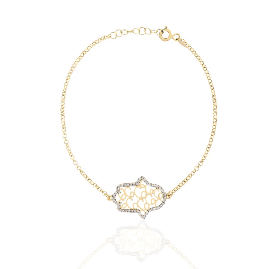 925 Ayar Gümüş Kararmaz Sarı Altın Kaplama Fatma Ana Eli Taşlı Bileklik