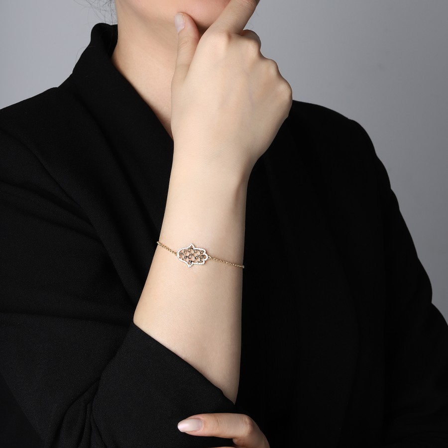 925 Ayar Gümüş Kararmaz Sarı Altın Kaplama Fatma Ana Eli Taşlı Bileklik