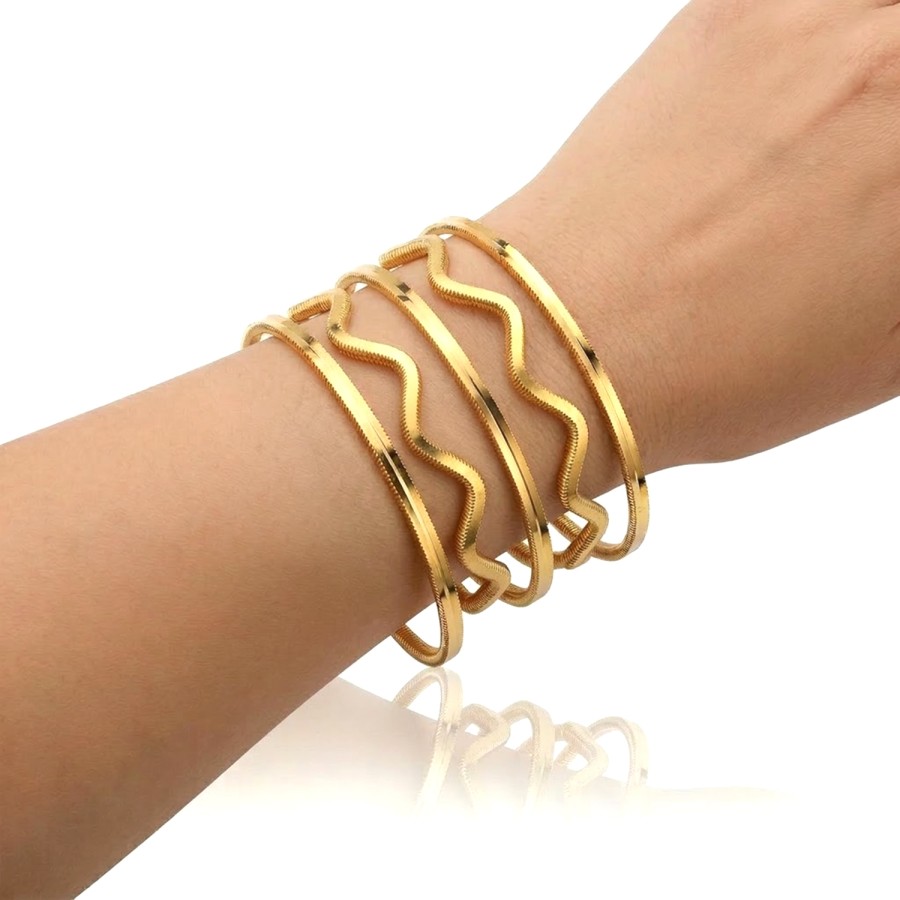 925 Ayar 5 Adet Gümüş  Altın Kaplama 7 Gram Ajda ve Zigzag Kombin Bilezik