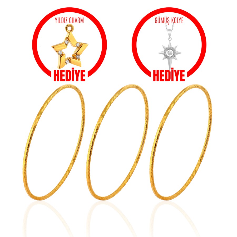 3 Adet Yatırımlık Hediyelik Altın 2 Gram Ajda Bilezik  + Altın Yıldız Charm ve Gümüş Kolye Hediyeli