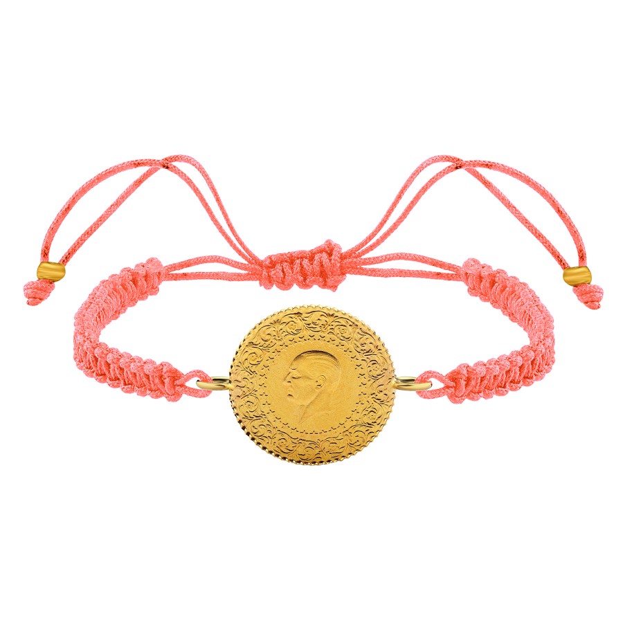 22 Ayar Yeni Çeyrek Altın Açık Pembe Renkli İpli Bileklik 