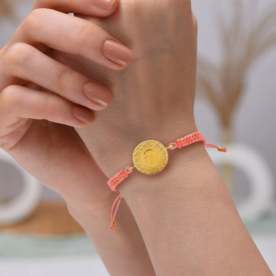 22 Ayar Yeni Çeyrek Altın Açık Pembe Renkli İpli Bileklik 