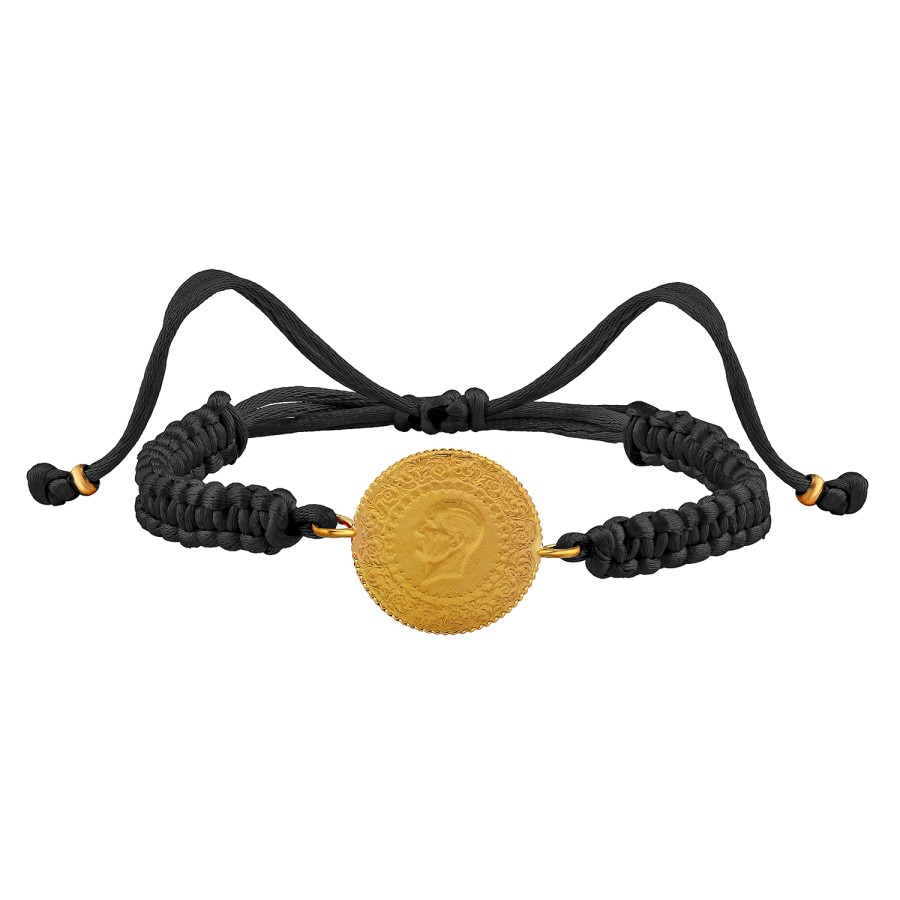 22 Ayar Yeni Çeyrek Altın Siyah Renkli İpli Bileklik 
