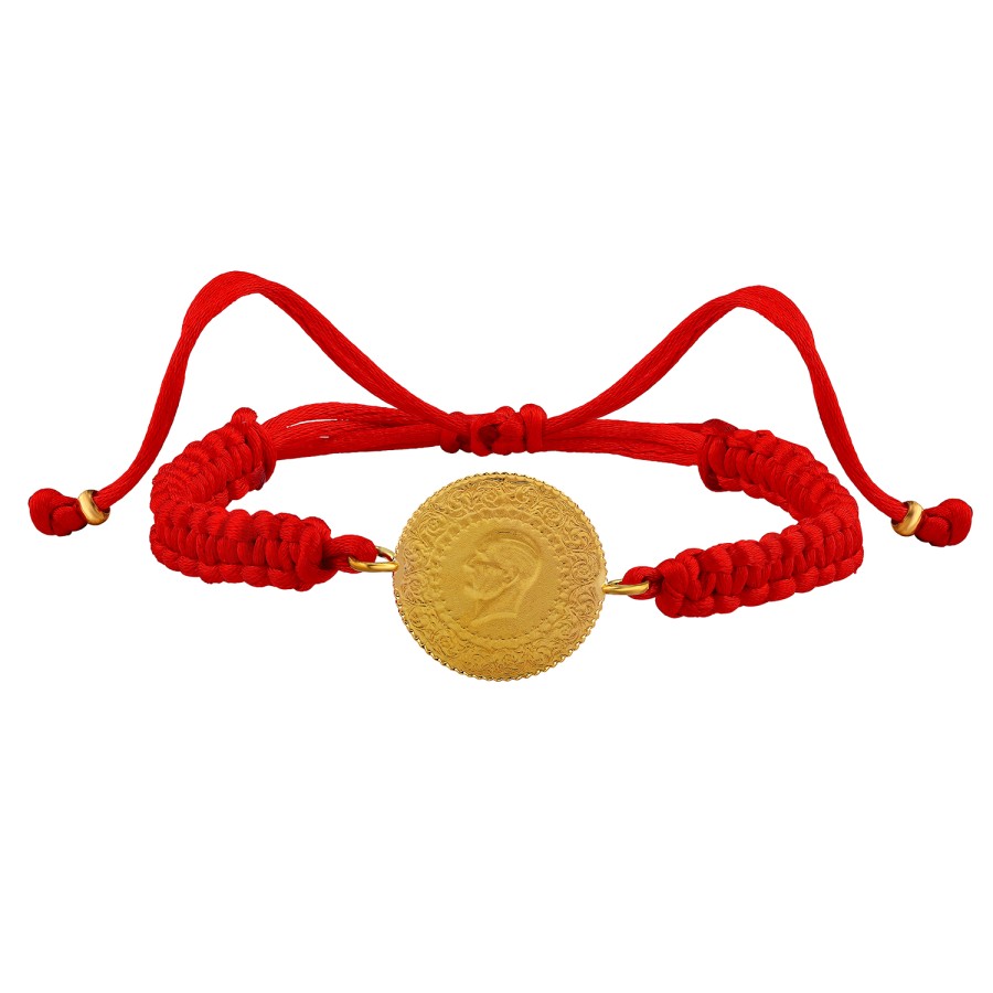 22 Ayar Yeni Çeyrek Altın Kırmızı Renkli İpli Bileklik 