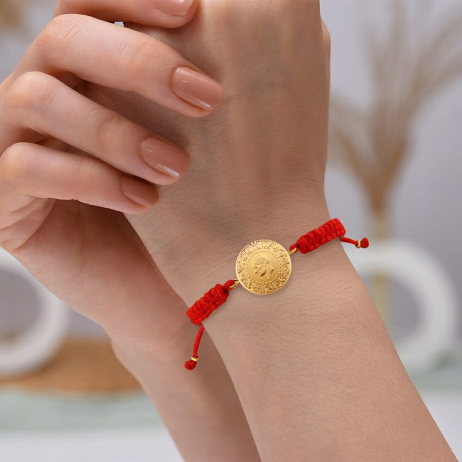 22 Ayar Yeni Çeyrek Altın Kırmızı Renkli İpli Bileklik 