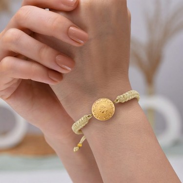 22 Ayar Yeni Çeyrek Altın Krem Renkli İpli Bileklik 