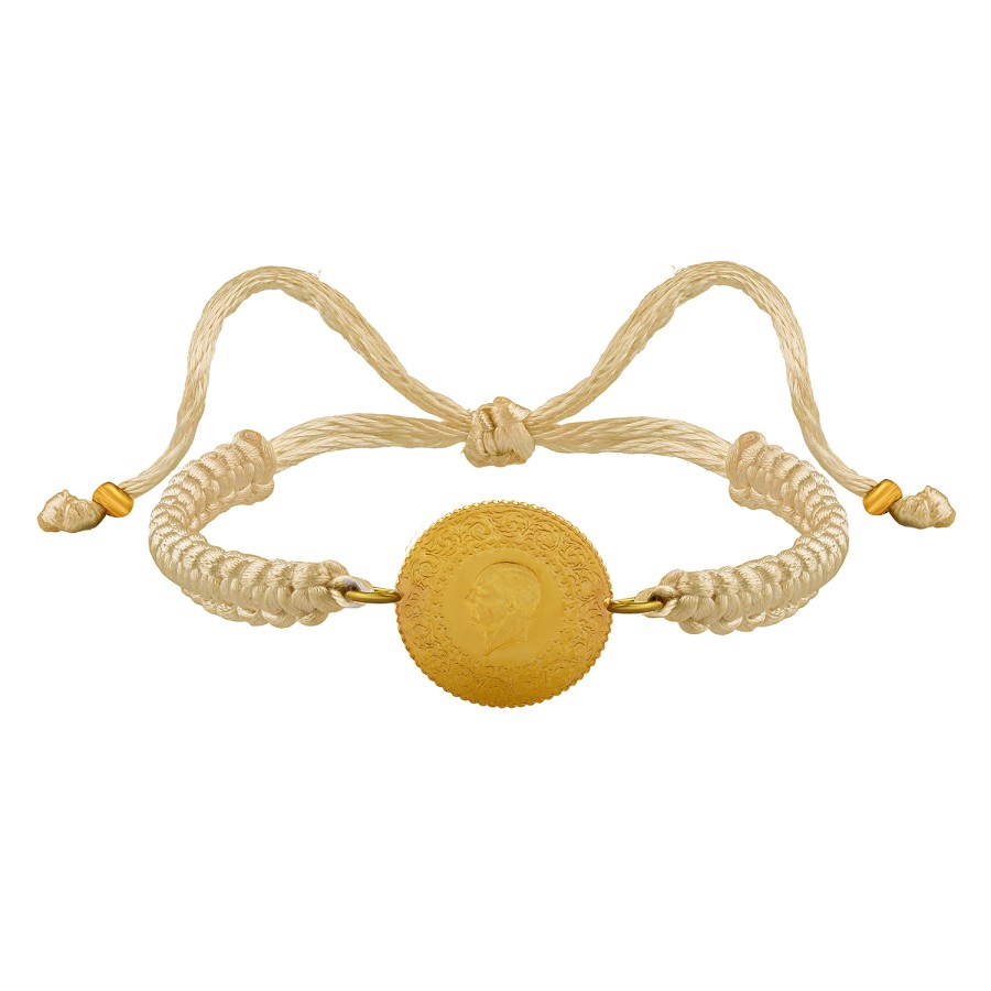 22 Ayar Yeni Çeyrek Altın Krem Renkli İpli Bileklik 