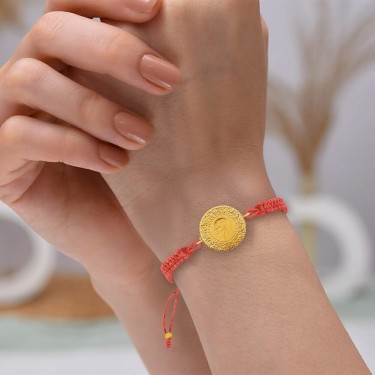 22 Ayar Yeni Çeyrek Altın Pembe Renkli İpli Bileklik 