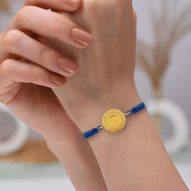 22 Ayar Yeni Çeyrek Altın Mavi Renkli İpli Bileklik 