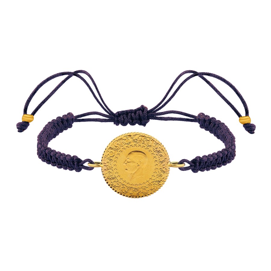 22 Ayar Yeni Çeyrek Altın Mor İpli Bileklik 