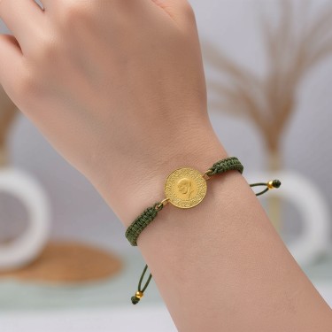 22 Ayar Yeni Çeyrek Altın Haki Renkli İpli Bileklik 